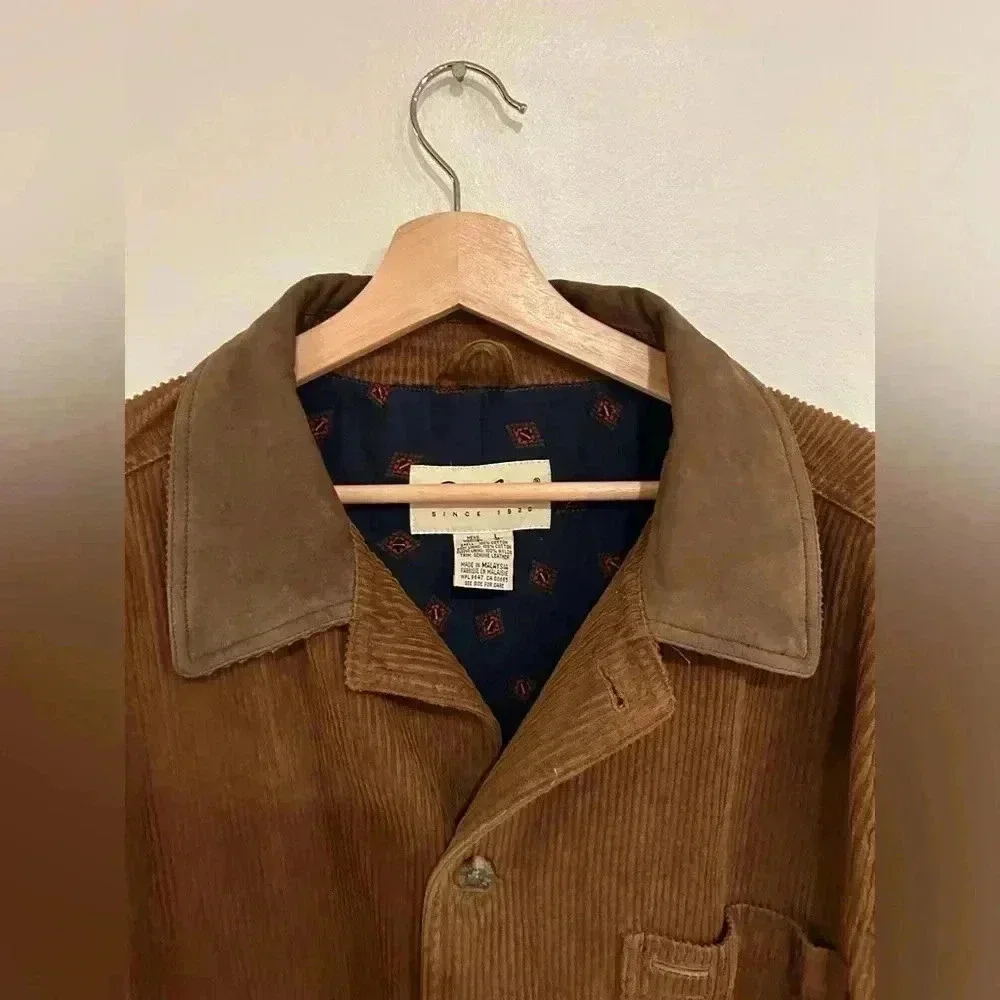 Vintage EDDIE BAUER cotton corduroy barn chore jacket leather collar sz L/ xL